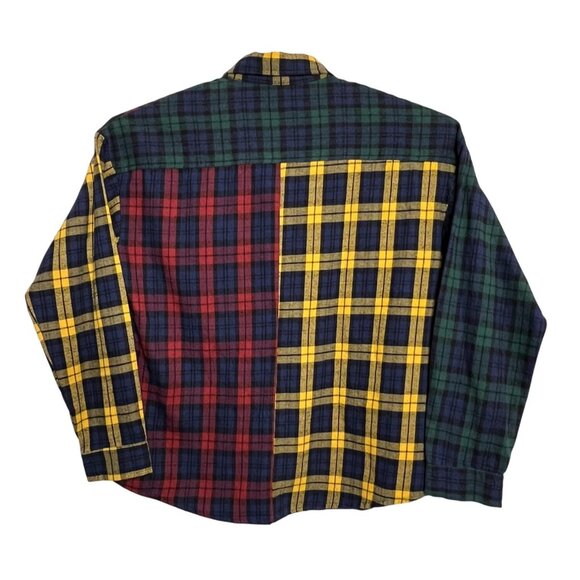 Mens Patchwork Plaid Button-Up Shirt Multicolor Design Long Sleeve XL flaw - Picture 2 of 16